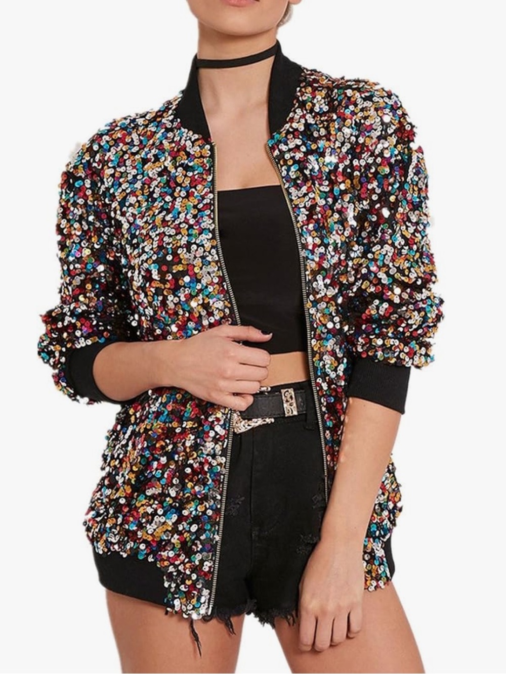 Cresay Sequin Multicolor Bomber Jacket
